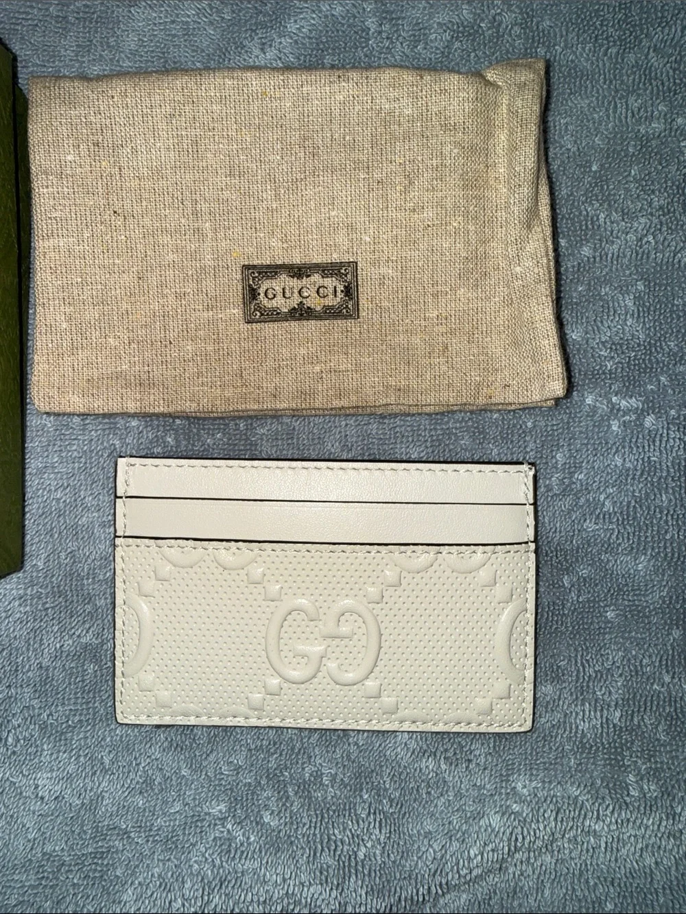 Gucci Cream Embossed Leather Card Holder with Green Box and Beige Dust Bag
